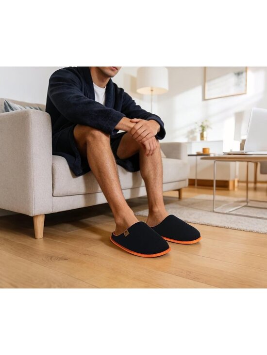 Men\'s Black Orange Cushion Foam Shake Fleece Faux Fur Lining House Slipper Shoes main image 5